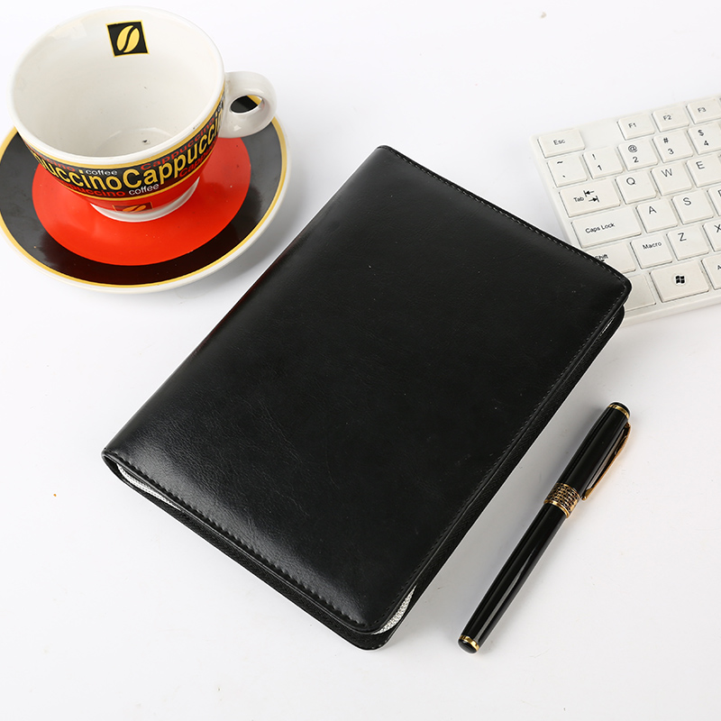 翔升皮具厂商务黑色拉链经理包活页记事本正面展示